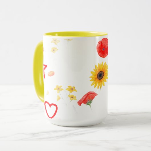Floral Star & Heart Mug – Bright Sunflower & Red Mok (Voorkant links)