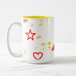 Floral Star & Heart Mug – Bright Sunflower & Red Tweekleurige Koffiemok