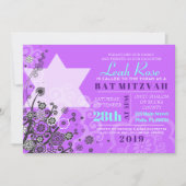 Floral Star van David Bat Mitzvah Invitation Viole Kaart (Voorkant)