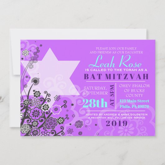 Floral Star van David Bat Mitzvah Invitation Viole Kaart (Voorkant)
