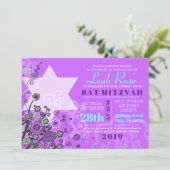 Floral Star van David Bat Mitzvah Invitation Viole Kaart (Staand voorkant)