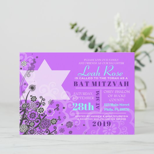 Floral Star van David Bat Mitzvah Invitation Viole Kaart (Staand voorkant)