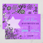 Floral Star van David Bat Mitzvah Invitation Viole Kaart (Voorkant / Achterkant)