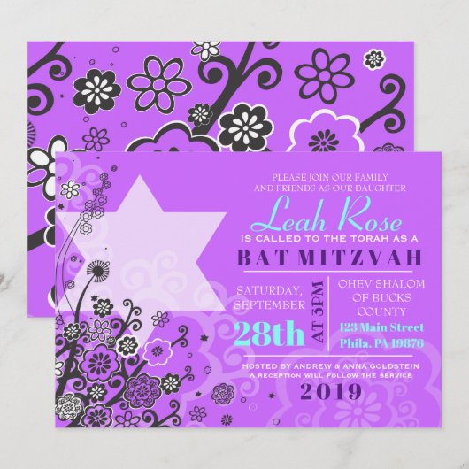 Floral Star van David Bat Mitzvah Invitation Viole Kaart (Voorkant / Achterkant)