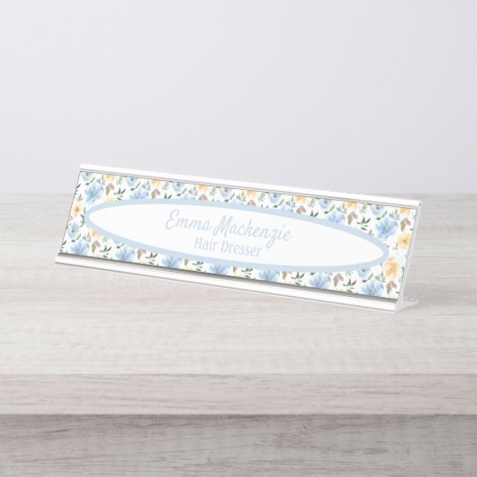 Floral Station Blue Yellow Flowers Desk Sign. Bureau Naambordje (Voorkant)
