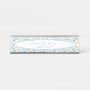 Floral Station Blue Yellow Flowers Desk Sign. Bureau Naambordje