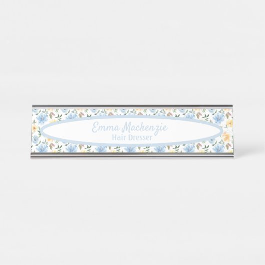 Floral Station Blue Yellow Flowers Desk Sign. Bureau Naambordje (Voorkant)