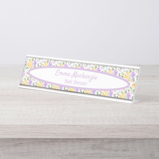 Floral Station Paars Yellow Flowers Desk Sign. Bureau Naambordje (Voorkant)