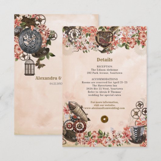 Floral Steampunk Bruiloft Receptie Invoegen Kaart (Voorkant / Achterkant)