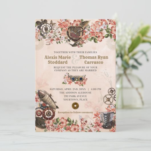 Floral Steampunk bruiloft uitnodiging (Staand voorkant)