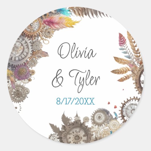 Floral Steampunk trouwdatum en namen Ronde Sticker (Voorkant)