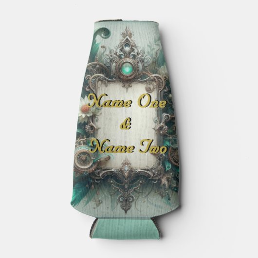 Floral Steampunk Wedding Groen en Zilver Flesjeskoeler (Voorkant)