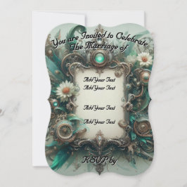 Floral Steampunk Wedding Groen en Zilver Kaart