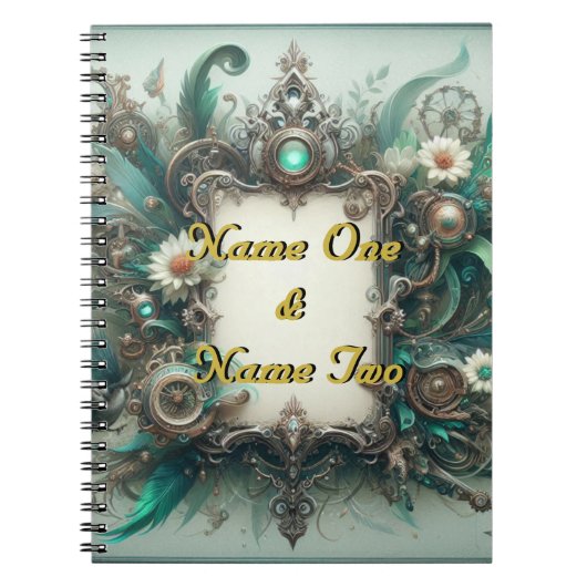 Floral Steampunk Wedding Groen en Zilver Notitieboek (Voorkant)