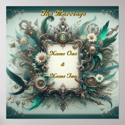 Floral Steampunk Wedding Groen en Zilver Poster (Voorkant)