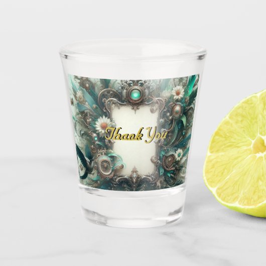 Floral Steampunk Wedding Groen en Zilver Shot Glas (Voorkant)
