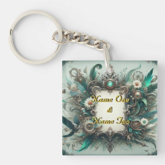 Floral Steampunk Wedding Groen en Zilver Sleutelhanger (Voorkant)