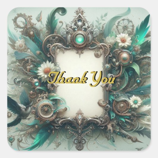 Floral Steampunk Wedding Groen en Zilver Vierkante Sticker (Voorkant)