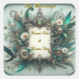 Floral Steampunk Wedding Groen en Zilver Vierkante Sticker