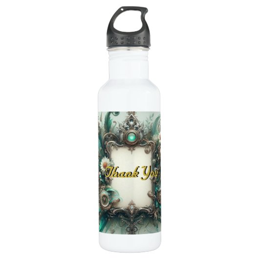 Floral Steampunk Wedding Groen en Zilver Waterfles (Voorkant)