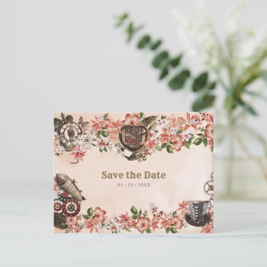 Floral Steampunk Wedding Save the Date Briefkaart (Staand voorkant)