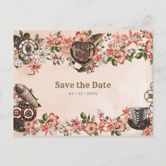 Floral Steampunk Wedding Save the Date Briefkaart (Voorkant)
