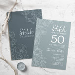 Floral Steel Blue Botanical Surprise 50th Birthday Kaart<br><div class="desc">Eenvoudige marinier en grijs blauw verrassing 50e verjaardag uitnodiging. Minimalistisch modern design in dusty blauw met botanische accenten en lettertype typografie. Stalen blauw en witte vrouwelijke florale nodigt de kaart uit die perfect is voor een stijlvolle vrouw verrassingsdag. Kan op elke leeftijd worden aangepast.</div>