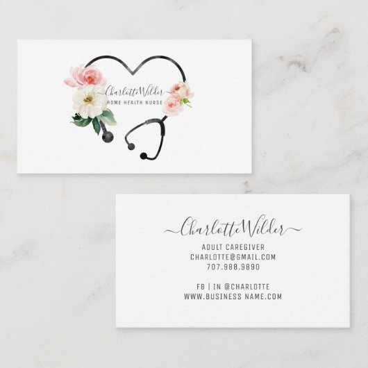 Floral Stethoscoop voor thuisverzorging Visitekaartje (Voorkant / Achterkant)