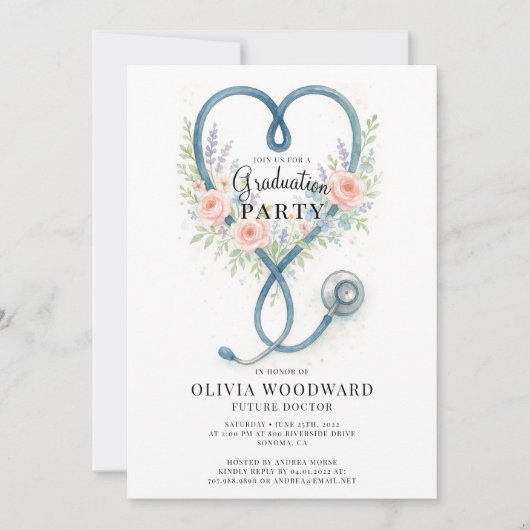 Floral Stethoscope Doctor Afstuderen Kaart (Voorkant)