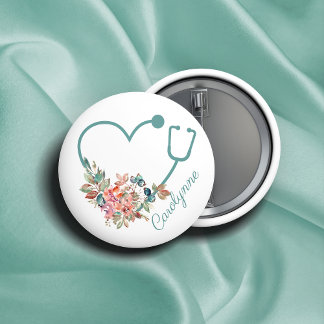 Floral Stethoscope Heart Medical Nurse Caregiver Ronde Button 5,7 Cm
