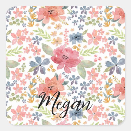 Floral Sticker- Cute Watercolor Flowers Vierkante Sticker (Voorkant)
