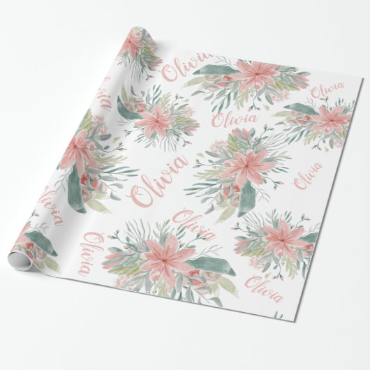 Floral stoffige roze waterverf Baby Meisje Naam sc Cadeaupapier (Uitgerold)