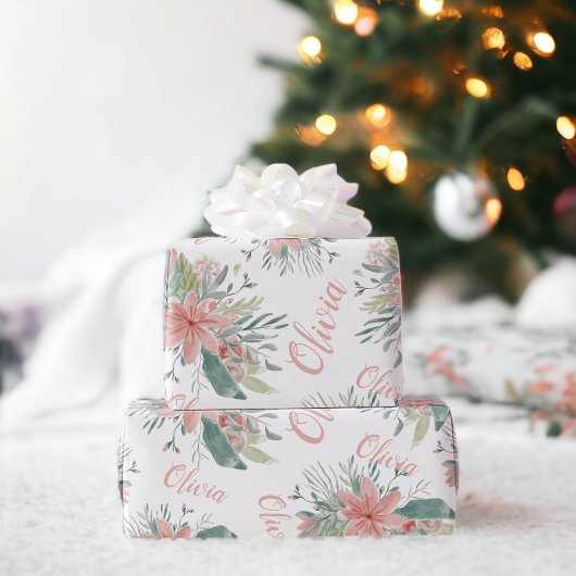 Floral stoffige roze waterverf Baby Meisje Naam sc Cadeaupapier