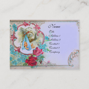 FLORAL STORK BABY SHOWER MET ROZEN MONOGRAM VISITEKAARTJE