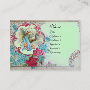 FLORAL STORK BABY SHOWER MET ROZEN MONOGRAM VISITEKAARTJE