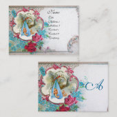 FLORAL STORK BABY SHOWER MET ROZEN MONOGRAM VISITEKAARTJE (Voorkant / Achterkant)