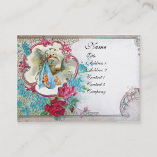 FLORAL STORK BABY SHOWER MET ROZEN MONOGRAM VISITEKAARTJE