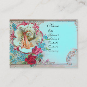 FLORAL STORK BABY SHOWER MET ROZEN MONOGRAM VISITEKAARTJE