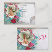 FLORAL STORK BABY SHOWER MET ROZEN MONOGRAM VISITEKAARTJE (Voorkant / Achterkant)