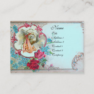 FLORAL STORK BABY SHOWER MET ROZEN MONOGRAM VISITEKAARTJE