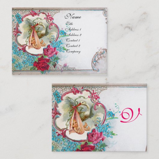 FLORAL STORK BABY SHOWER MET ROZEN MONOGRAM VISITEKAARTJE (Voorkant / Achterkant)