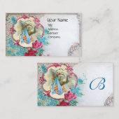 FLORAL STORK BABY SHOWER MET ROZEN MONOGRAM VISITEKAARTJE (Voorkant / Achterkant)