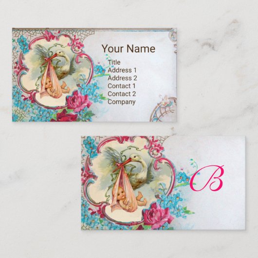 FLORAL STORK BABY SHOWER PINK ROSES MONOGRAM VISITEKAARTJE (Voorkant / Achterkant)