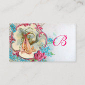 FLORAL STORK BABY SHOWER PINK ROSES MONOGRAM VISITEKAARTJE (Achterkant)