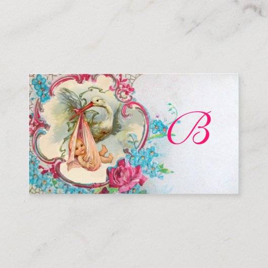 FLORAL STORK BABY SHOWER PINK ROSES MONOGRAM VISITEKAARTJE (Achterkant)