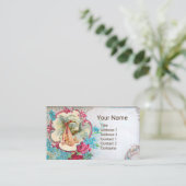 FLORAL STORK BABY SHOWER PINK ROSES MONOGRAM VISITEKAARTJE (Staand voorkant)