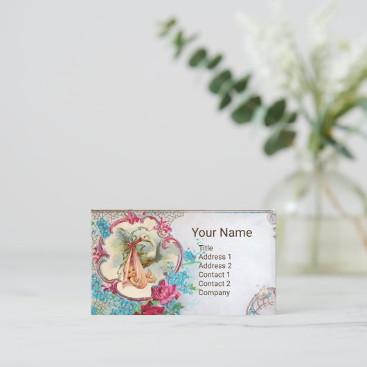 FLORAL STORK BABY SHOWER PINK ROSES MONOGRAM VISITEKAARTJE (Staand voorkant)