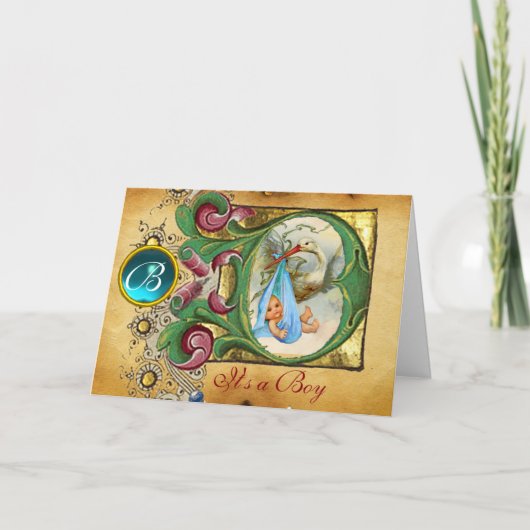 FLORAL STORK BOY BABY SHOWER BLUE GEM MONOGRAM (Voorkant)