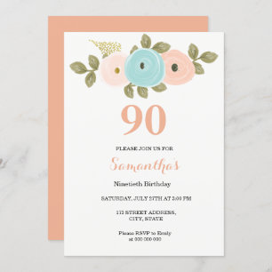 Floral  strand 90th Birthday Invitation Kaart