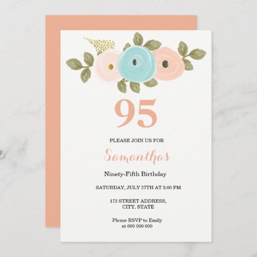 Floral  strand 95th Birthday Invitation Kaart (Voorkant / Achterkant)